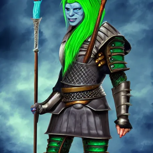 Image similar to Blue skinned fish person with green hair with a staff wearing leather armor, male, dungeons and dragons character, digital art