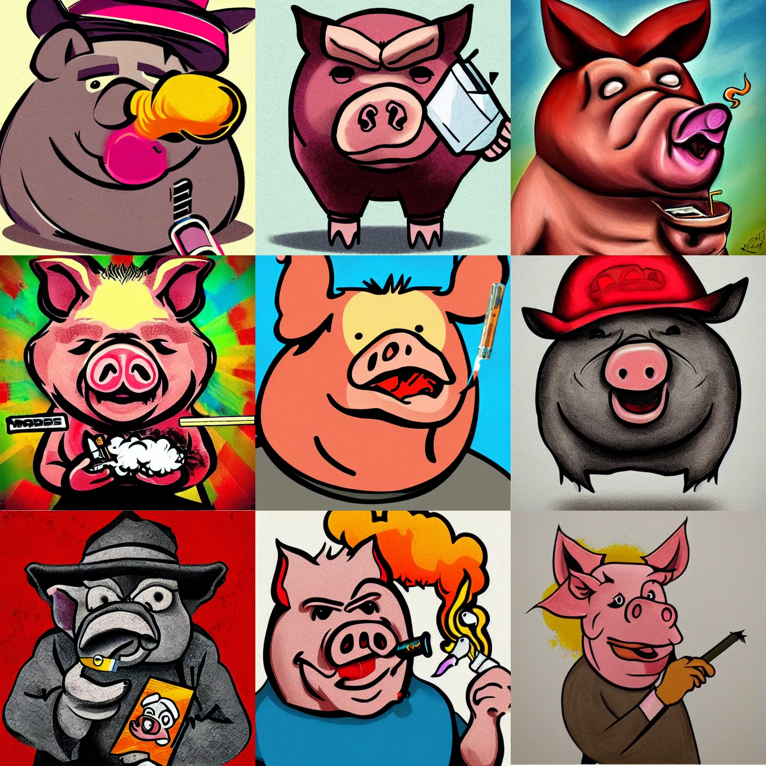 Prompt: angry pig smoking a cigarette, front photo, popular style drawing, colorful, super quality, powerful detail