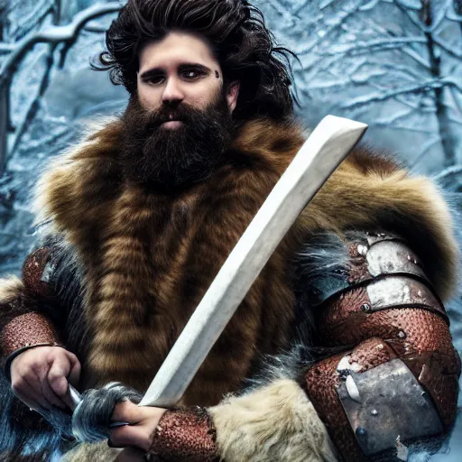 Image similar to a dnd barbarian half frost giant with pale skin and short black beard and hair wearing a fur coat, shoulder armor and holding an axe, high resolution film still, 4k, HDR color