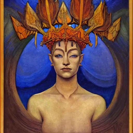 Image similar to the forest crown, by Annie Swynnerton and Nicholas Roerich and Diego Rivera, blue skin, elaborate costume, geometric ornament, rich color, dramatic cinematic lighting, smooth, sharp focus, extremely detailed