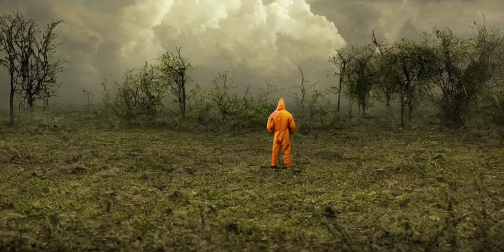 Prompt: a beautiful award-winning photo of a lone man wearing a damaged hazmat suit in a desolated post-nuclear world, lush mutated greenery growing over concrete scenery, massive thunderclouds on the horizon, dust, wind, cosmic horror, depression, intricate details, volumetric lighting, haze, very high quality, extremely detailed, subtle visual noise, hyperrealistic, 8K