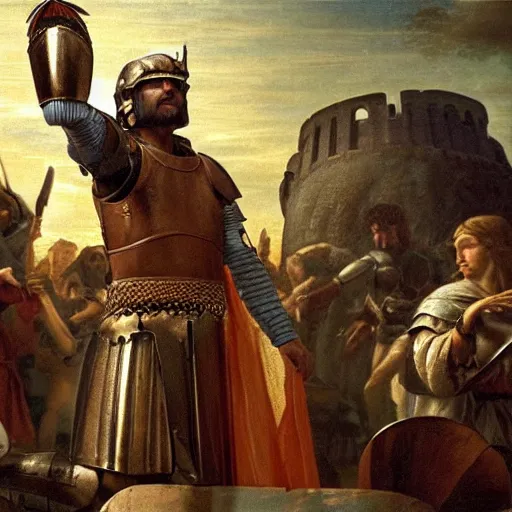 Image similar to renaissance painting of oscar isaac in armor playing achilles, ancient city in background, ultra detailed, movie poster, in the style of leonardo davinci