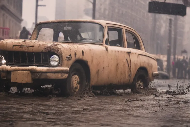 Prompt: street photography by saul leiter, in a muddy new york street, award winning photo of an ultra detailed dirty vintage ford car speeding very fast on mud, fast shutter speed, motion blur, tiny gaussian blur, highly detailed, highly intricate, depth of field, trending on top gear