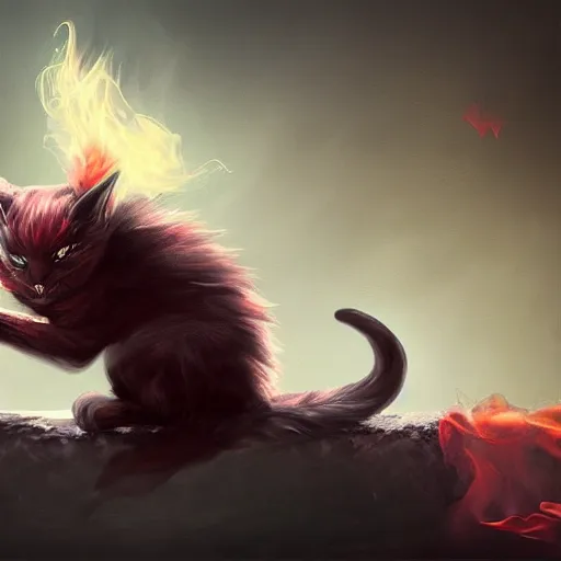 Image similar to fantasy devil cat with red eyes and smoke, high detail, digital art, beautiful , concept art,fantasy art, 4k