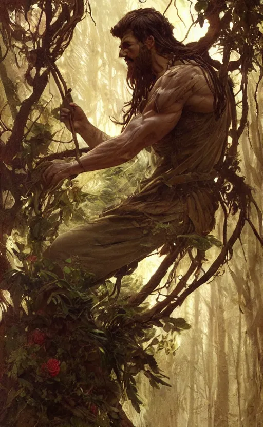 Image similar to god of the forest, 3 0 years old, rugged, handsome, male, detailed face, clean lines, atmospheric lighting, amazing, full body, flowers, muscular, intricate, highly detailed, digital painting, artstation, concept art, sharp focus, illustration, art by greg rutkowski and alphonse mucha