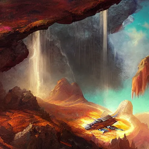 Image similar to detailed painting of a spaceship coming in to land close to a waterfall between two mountains, fantasy, high detailed, sabbas apterus