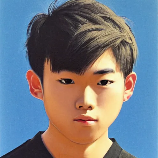 Prompt: teenage half-asian boy, handsome, cute, short wavy hair, symmetrical face, medium close-up, 80s, utopia, painted