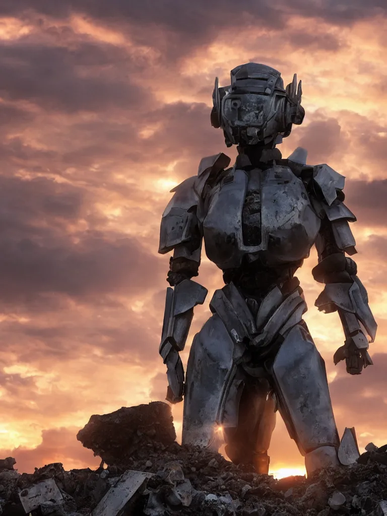 Image similar to emily blunt in futuristic power armor, solitary figure standing atop a pile of rubble, sunset and big clouds behind her