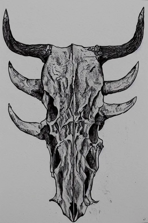 Prompt: Longhorn Skull, skull bone carved with patterns, wild wild west, tritone, mixed media, fine linework, pen and ink, symmetry