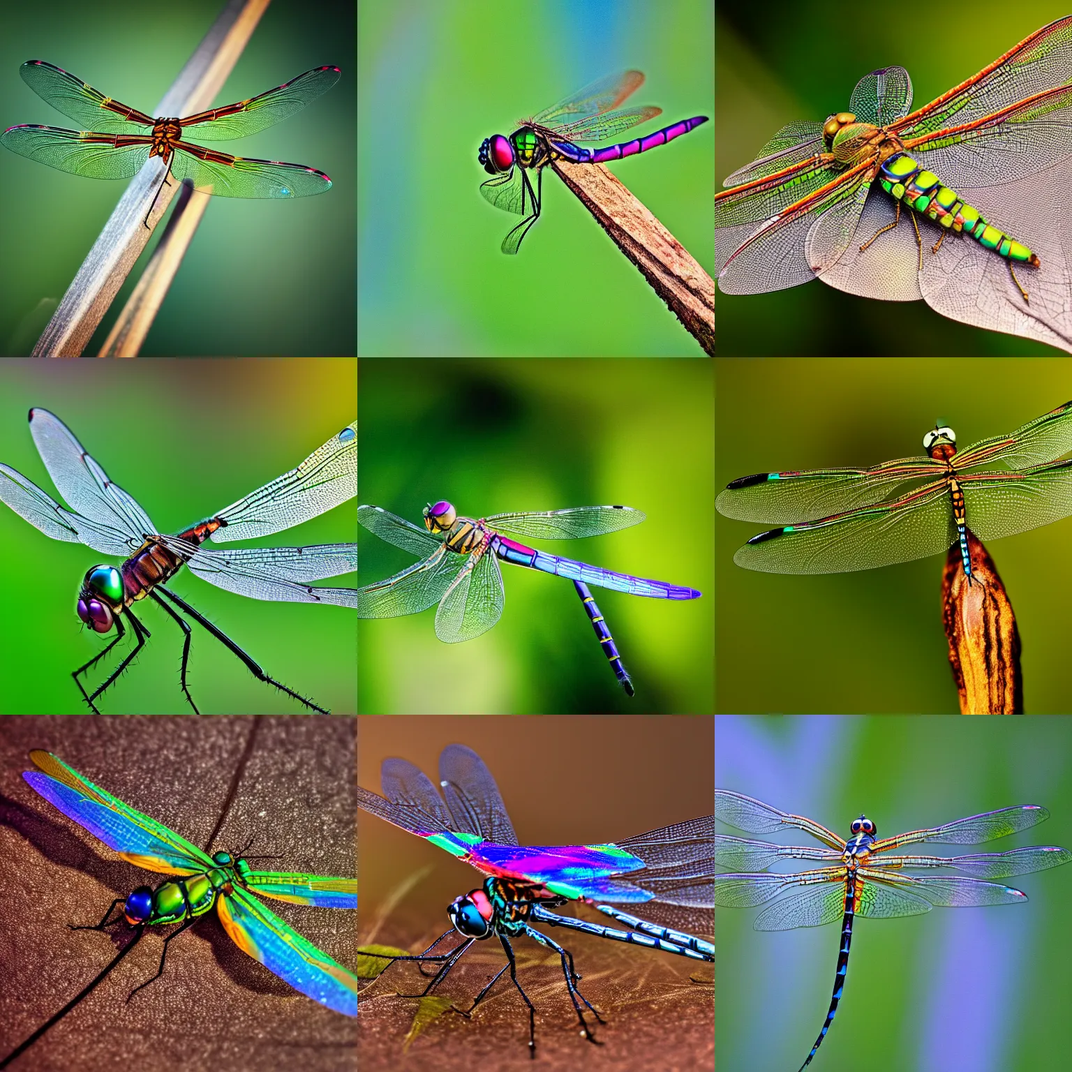 Prompt: hybrid dragonfly with airplane jet body on a leaf, nature photography, macro photography, hyper realistic, iridescence, tiltshift photography, short depth of field, f / 1. 2