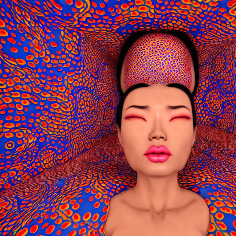 Image similar to realistic detailed image of a geisha laying down in a padded room, conjuring psychedelic background, part by yayoi kusama, part by alex gray, part by ross tran, part by james jean, ultra realistic, highly detailed, life like face, detailed body, 8 k, octane render, trending on artstation, very cohesive, masterpiece