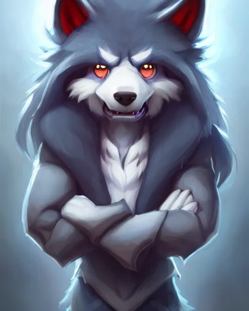 Prompt: character concept art of a dark gray anthropomorphic furry wolf with long red hair blue eyes | | cute - fine - face, pretty face, key visual, realistic shaded perfect face, fine details by stanley artgerm lau, wlop, rossdraws, james jean, andrei riabovitchev, marc simonetti, and sakimichan, artstation