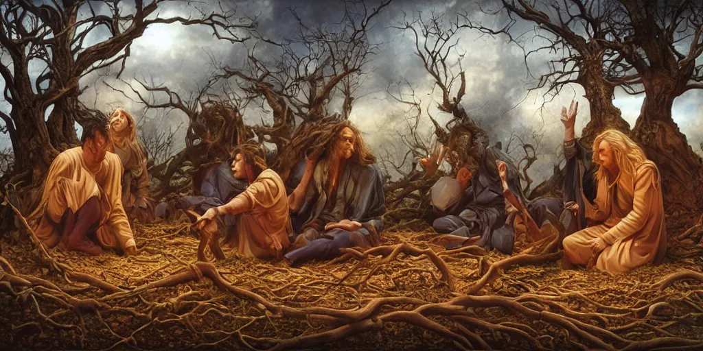 Prompt: messengers mourning for the rotten and slashed tree Michael Whelan by Jeff Easley photorealistic by Edmonia Lewis, cinematic, coherent, realistic faces, clear, detailed, intricate, dramatic lighting, establishing shot, 8k resolution