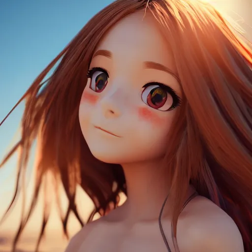 Image similar to Render of a very beautiful 3d anime girl, long hair, hazel eyes, cute freckles, full round face, short smile, cute sundress, golden hour, serene beach setting, medium shot, mid-shot, highly detailed, trending on Artstation, Unreal Engine 4k