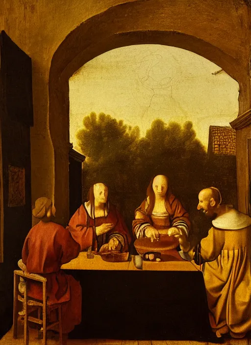 Image similar to a candlelit table at the inn, two people sitting at the table, swirling smoke, dark smoke, realistic, in the style of leonardo da vinci, dutch golden age, amsterdam, medieval painting by jan van eyck, johannes vermeer, florence