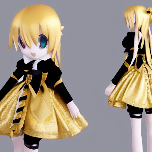 Prompt: cute fumo plush of a gothic maiden in a gold and black uniform, laces and ribbons, soft shadow, anime girl, vray, white frame