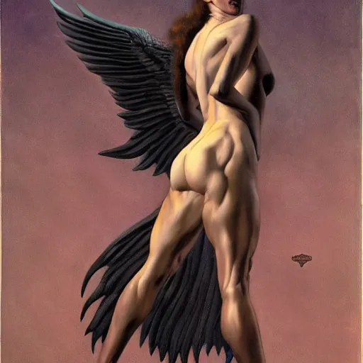 Image similar to portrait of a woman with long, muscular legs, short torso, and wings, by Gerald Brom