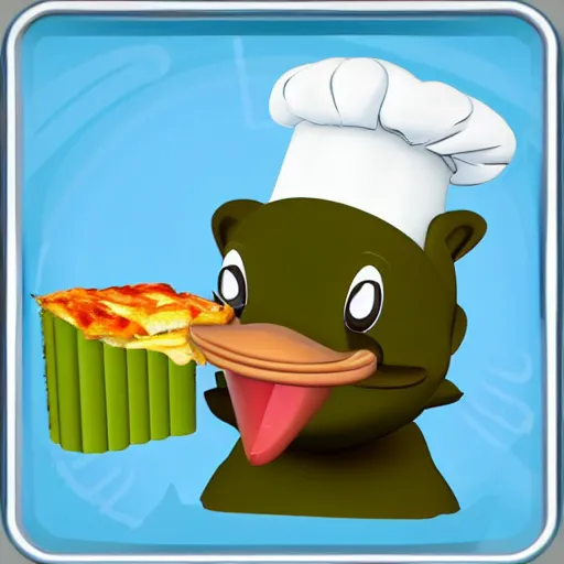 Image similar to cute platypus wearing a chef hat and holding a lasagna with three basil leaves over the lasagna, pixar style, ultradetailed, 3 d