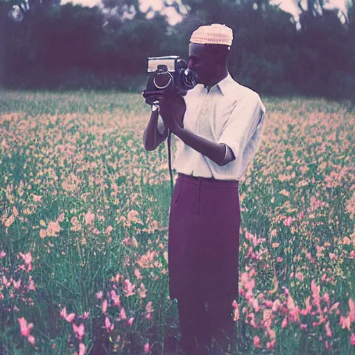 Prompt: somali male, photographer, holding camera, vintage, field of flowers, nature, nostalgic, dreamy, pastel, studio ghibli, thoughtul, wise, intricate details, shot in 1 9 6 0 s