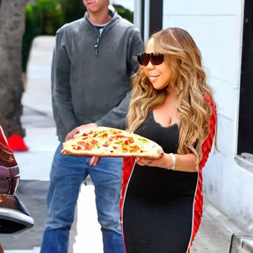 Prompt: mariah carey eating pizza, outside in parking lot