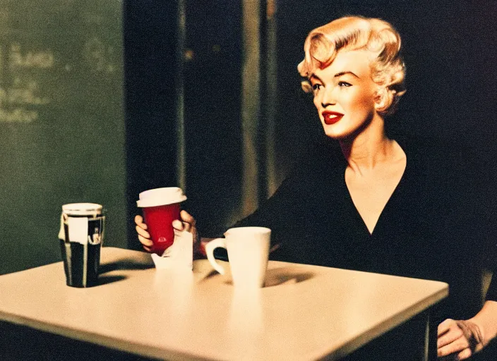 Image similar to A close-up, color cinema film still of a marlin monroe drinking coffee at a starbucks, ambient lighting at night.