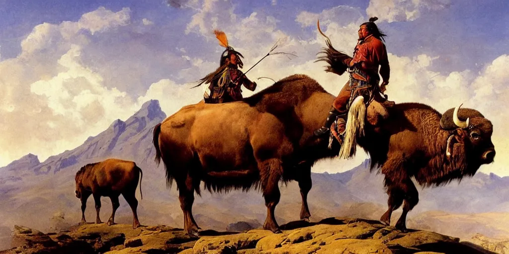 Image similar to native american riding bison, buffalo, native american warrior, mountain range, beautiful sky, standing on the edge of a cliff, 1 9 th century, painted by frazetta