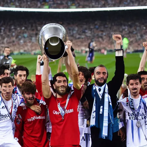 Prompt: sd compostela wins the champions league with borja iglesias captain lifting the cup at the santiago bernabeu stadium