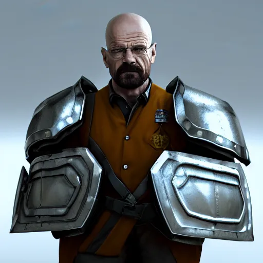 Image similar to Walter White wearing heavy military armor with a shield, highly detailed, 8k octane render