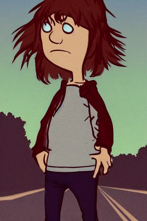 Image similar to Full body portrait of a short!, overweight!! teenage boy, medium length brown hair and fringe, eyes half closed, mouth open, not intelligent, standing in road, cartoon by Jamie Hewlett, cel shaded, Trending artstation, deviantart, digital art