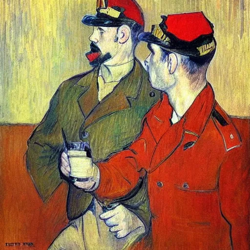 Image similar to modern red berets soldiers inside of a pub, painting by toulouse - lautrec, by valentin serov tretiakov gallery, soldiers wearing tactical clothing, 2 1 st century, cinematic, award winning