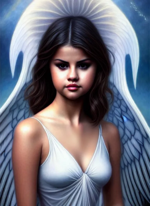 Image similar to selena gomez as an angel, aesthetic, fine art, intricate, elegant, highly detailed, realistic hair, centered, digital painting, art station, conceptual art, soft, sharp focus, illustration, artwork, artgerm, tomasz alen kopera, peter mohrbacher, donato giancola, wlop, boris vallejo