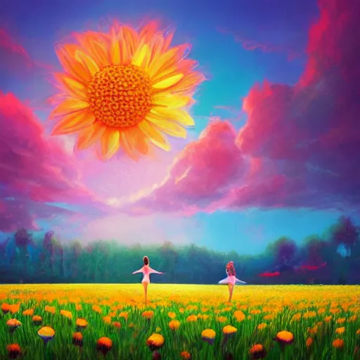 Image similar to giant daisy flower as head, girl ballet dancing in a flower field, surreal photography, sunrise, dramatic light, impressionist painting, colorful clouds, digital painting, artstation, simon stalenhag