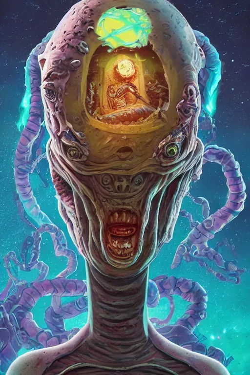 Image similar to rick and morty fused with a lovecraft space zombie wearing a damaged helmet, photo, portrait, 3d, high details, intricate details, by vincent di fate, artgerm julie bell beeple, 90s, Smooth gradients, octane render, 8k, High contrast, duo tone, depth of field, very coherent symmetrical artwork