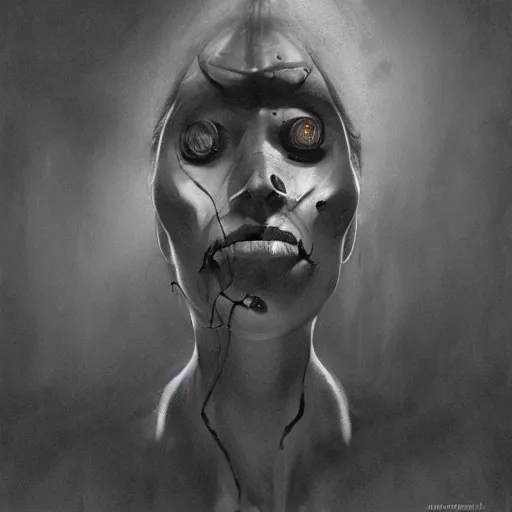 Prompt: do i look lonely, i see the shadows on my face, people have told me i don't look the same, horrifying artwork by nekro, borja, syd mead, zdislaw cosmic horror charcoal artwork, surreal existentialism