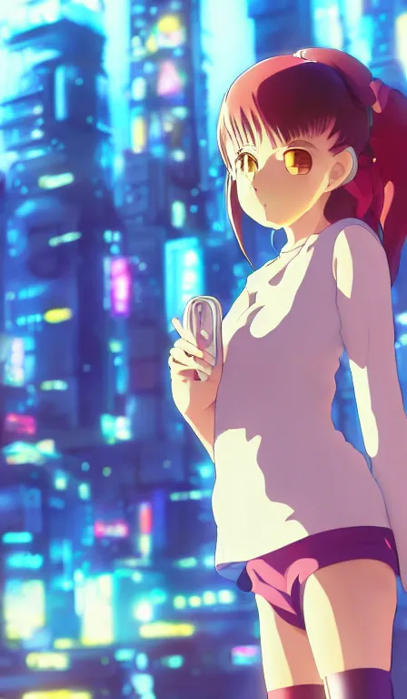 Image similar to anime fine details portrait of Marin in front of cyberpunk moder city landscape on the background deep bokeh, close-up view, anime masterpiece by Studio Ghibli. 8k, sharp high quality anime, artstation