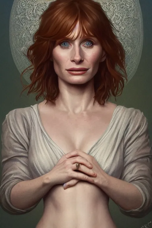 Prompt: motherly fertility full body portrait of Bryce Dallas Howard, intricate, elegant, highly detailed, digital painting, artstation, concept art, smooth, sharp focus, illustration, art by artgerm and greg rutkowski and alphonse mucha and loish and WLOP