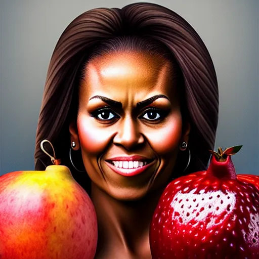 Image similar to fruit character that looks just like michelle obama as a pomegranate, 8 k, fruit eyes, fruit world, beautiful matte painting, by johfra bosschart, hyper realistic, studio lighting, octane render