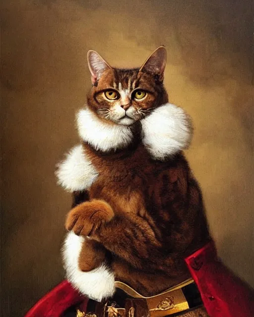 Image similar to portrait of cute brown cat with serious expression wearing 1 8 th century royal guard uniform, baroque painting, greg rutkowski