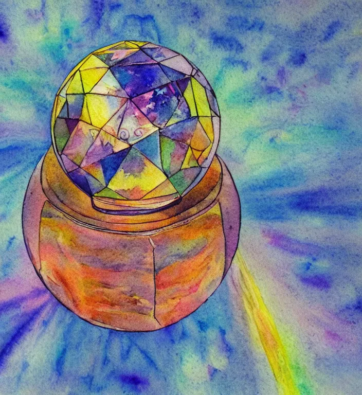 Image similar to a 1988 watercolor and ink illustration of an intricate and faceted crystal ball with a world inside of it + dissolving in to light + prism + god rays + dramatic lightning + backlit + specular + caustics