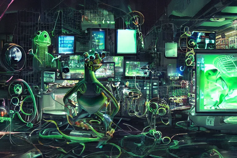 Prompt: cyborg - frog, surrounded by screens, in 2 0 5 5, y 2 k cybercore, industrial low - light photography, still from a ridley scott movie