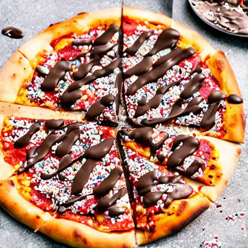 Image similar to a pizza topped with chocolate and sprinkles