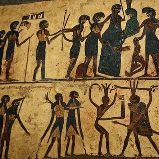 Prompt: ancient Ethiopian church wall painting depictions of Hell, Satan and other infernal beasts