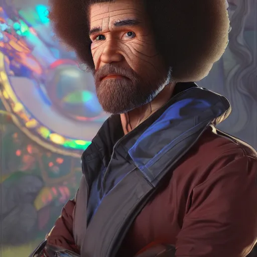 Image similar to bob ross cyborg. multi colored digital eyes, art by artgerm and greg rutkowski and alphonse mucha, concept art, octane render, unreal engine 5, highly detailed, high quality, 8 k, soft lighting, realistic face, path traced