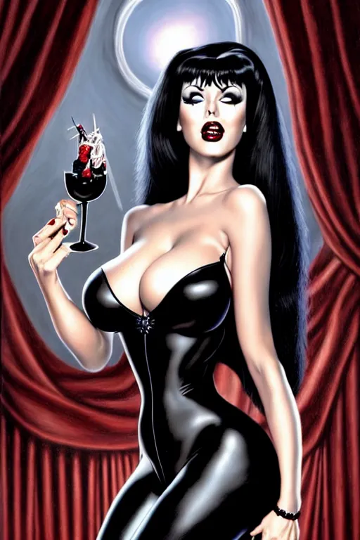 Prompt: a ( beautiful masterpiece highly detailed ) full body portrait illustration of intimate alluring elvira! mistress of the dark by ralph horsely and artgerm and joe jusko, raven black hair, porcelain white skin. bettie page, vampira, morticia addams, kat dennings, curvy, sexy pinup. trending on artstation