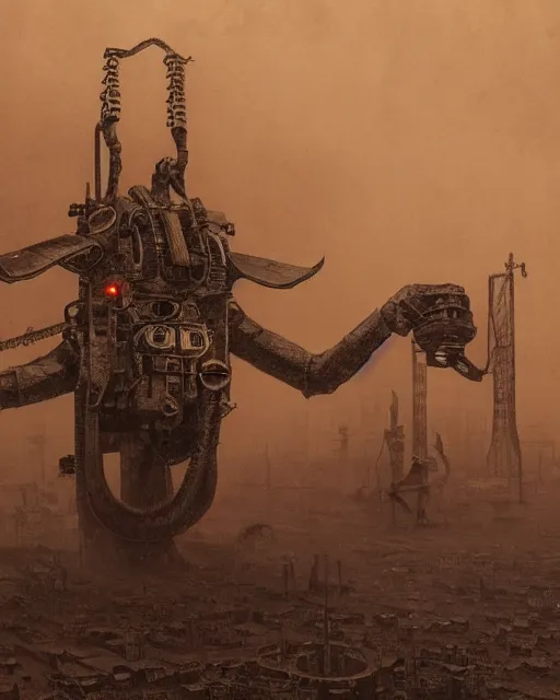 Image similar to dieselpunk baphomet in town, vintage old, sepia, retrofuturism sci - fi old movie, highly detailed, photorealistic, 8 k, by beksinski and stalenhag