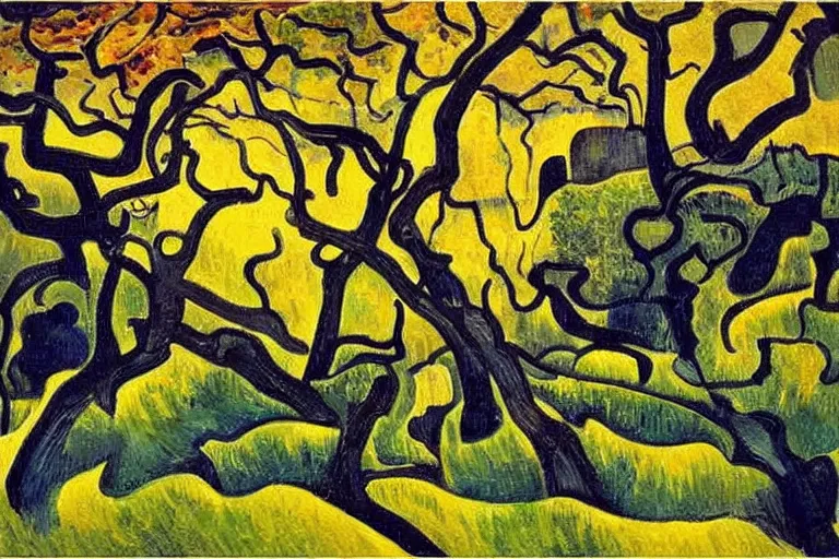 Prompt: masterpiece painting of oak trees on a hillside overlooking a creek, dramatic lighting, by georges braque
