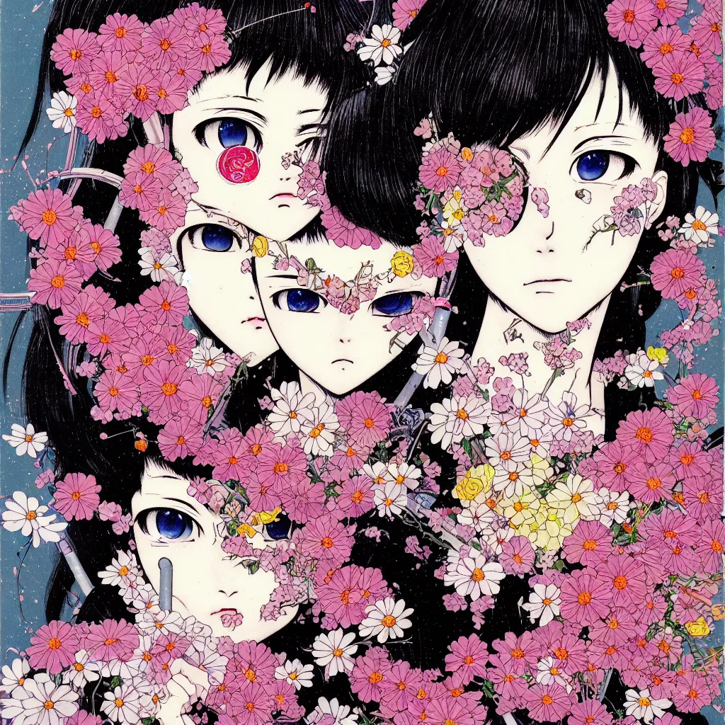 Prompt: prompt: Fragile portrait of persona covered with random flowers illustrated by Katsuhiro Otomo, inspired by sailor moon and 1990 anime, smaller cable and cryborg parts as attributes, eyepatches, illustrative style, intricate oil painting detail, manga 1980