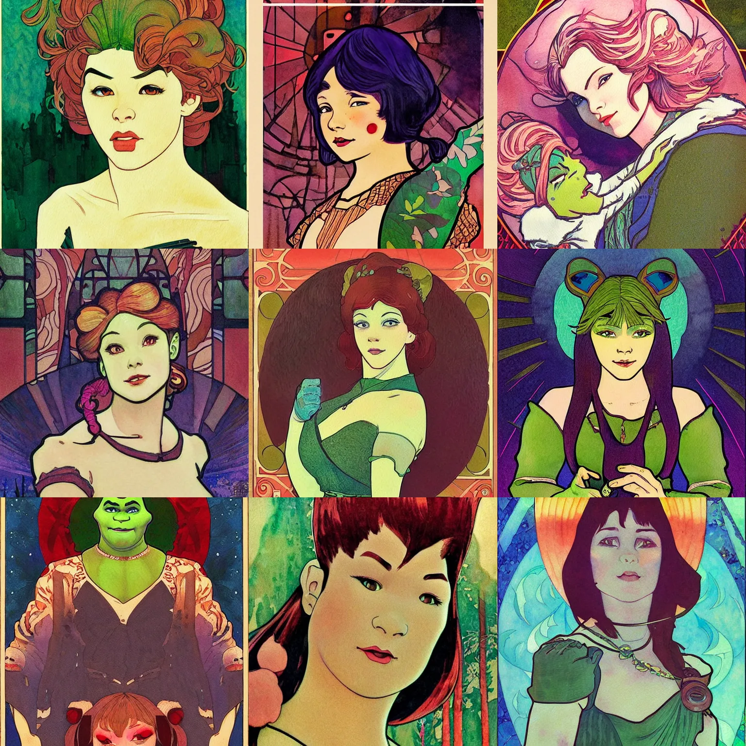 Prompt: shrek. beautiful, realistic painting by mucha and kuvshinov and bilibin and malevich. synthwave watercolor, thick lining, manga, soviet realism