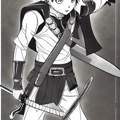 Prompt: young anime hero with a sword, illustrated by studio ghibili, manga, black and white illustration