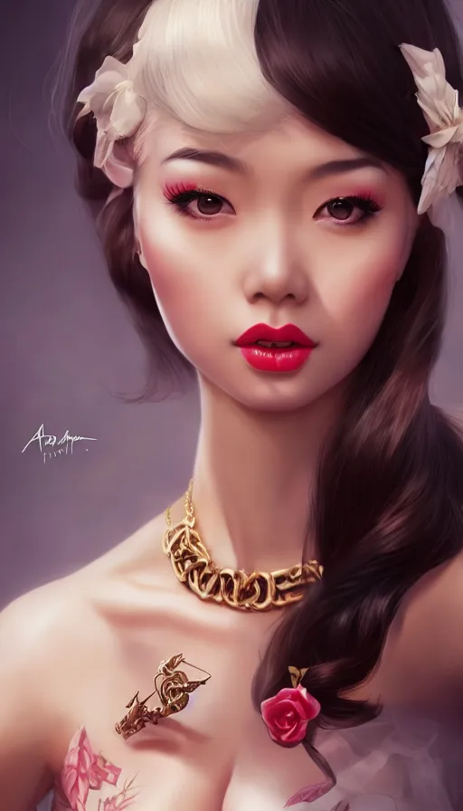 Prompt: a pin up and beautiful fashion and charming and dreamlke asian girl with lv jewelry, medium shot, art by artgerm & ross tran & wlop, hyperdetailed, 8 k realistic, symmetrical, frostbite 3 engine, cryengine, dof, trending on artstation, digital art